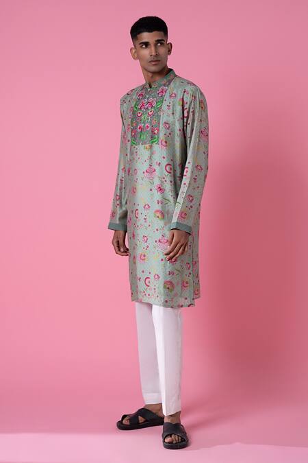 Shop_Siddhartha Bansal_Green Chanderi Printed Wild Flower Kurta Set  _Online_at_Aza_Fashions