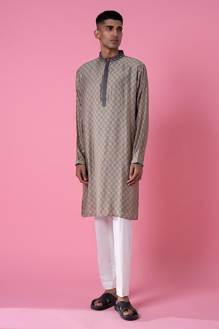 Siddhartha Bansal_Grey Chanderi Printed Geometric Kurta And Pant Set  _Online_at_Aza_Fashions