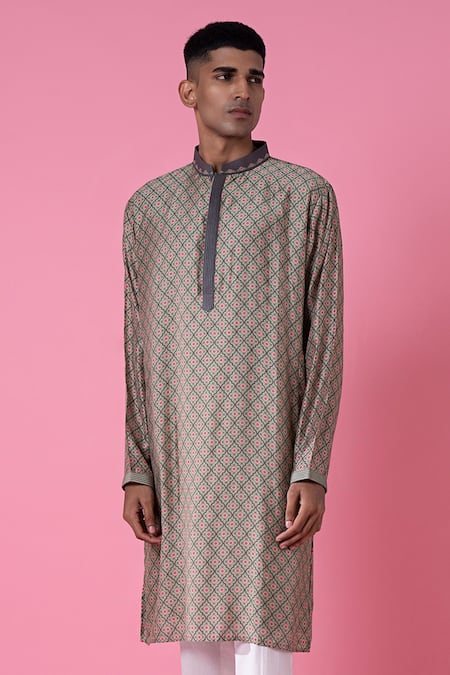 Buy_Siddhartha Bansal_Grey Chanderi Printed Geometric Kurta And Pant Set  _Online_at_Aza_Fashions