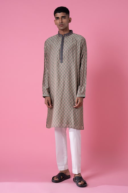 Shop_Siddhartha Bansal_Grey Chanderi Printed Geometric Kurta And Pant Set  _Online_at_Aza_Fashions