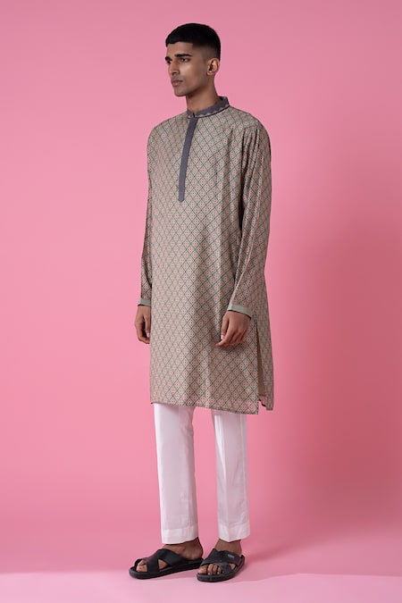 Siddhartha Bansal_Grey Chanderi Printed Geometric Kurta And Pant Set  _at_Aza_Fashions