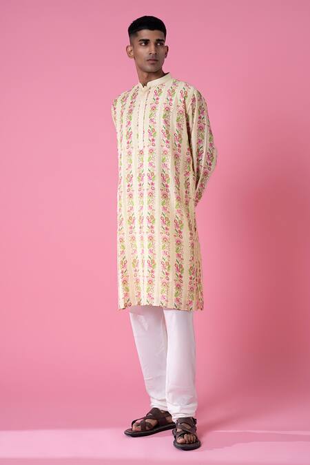 Buy_Siddhartha Bansal_Multi Color Chanderi Printed Wild Flower Border Stripe Kurta Set  _Online_at_Aza_Fashions