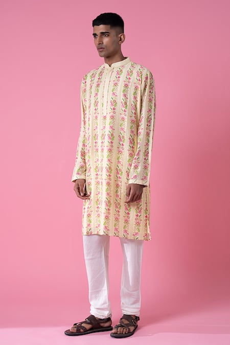 Shop_Siddhartha Bansal_Multi Color Chanderi Printed Wild Flower Border Stripe Kurta Set  _Online_at_Aza_Fashions