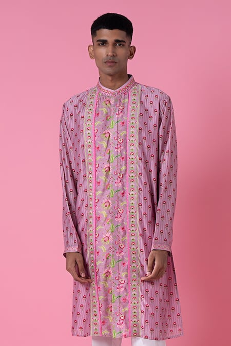 Siddhartha Bansal_Purple Chanderi Printed Wild Flower Kurta Set  _Online_at_Aza_Fashions