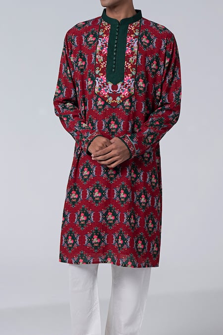 Siddhartha Bansal_Maroon Cotton Dobby Stripe Embroidery Royal Chintz Pattern Kurta Set  _Online_at_Aza_Fashions