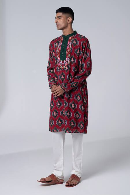 Buy_Siddhartha Bansal_Maroon Cotton Dobby Stripe Embroidery Royal Chintz Pattern Kurta Set  _Online_at_Aza_Fashions