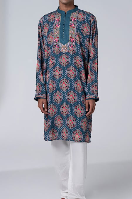 Siddhartha Bansal_Grey Cotton Dobby Stripe Embroidery Paisley Royal Print Kurta Set  _Online_at_Aza_Fashions