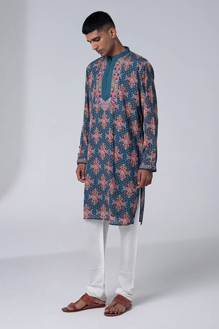 Buy_Siddhartha Bansal_Grey Cotton Dobby Stripe Embroidery Paisley Royal Print Kurta Set  _Online_at_Aza_Fashions