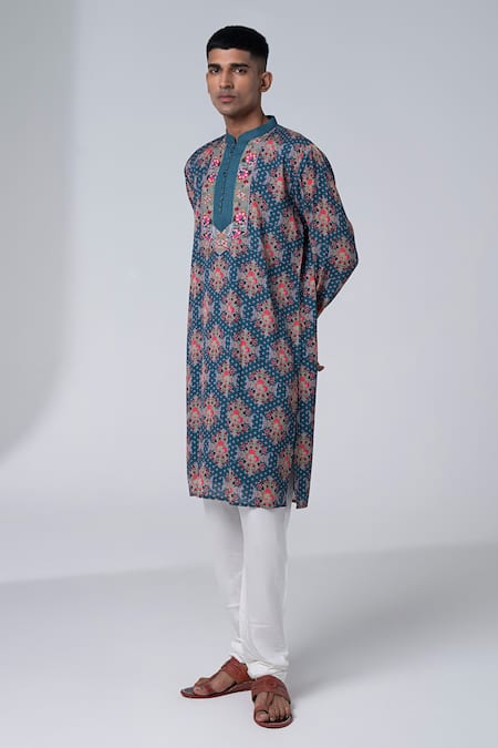 Shop_Siddhartha Bansal_Grey Cotton Dobby Stripe Embroidery Paisley Royal Print Kurta Set  _Online_at_Aza_Fashions