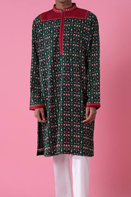 Siddhartha Bansal_Green Cotton Dobby Stripe Embroidery Flower Kurta Set  _Online_at_Aza_Fashions