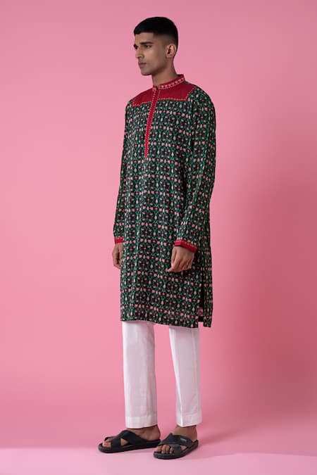 Buy_Siddhartha Bansal_Green Cotton Dobby Stripe Embroidery Flower Kurta Set  _Online_at_Aza_Fashions