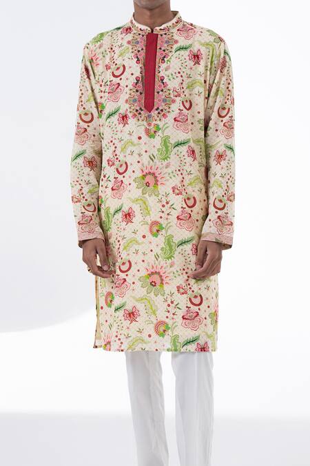 Siddhartha Bansal_Ivory Cotton Dobby Stripe Printed Flower Kurta Set  _Online_at_Aza_Fashions