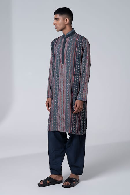 Buy_Siddhartha Bansal_Grey Cotton Dobby Printed Autumn Shower Dixy Kurta Set  _Online_at_Aza_Fashions