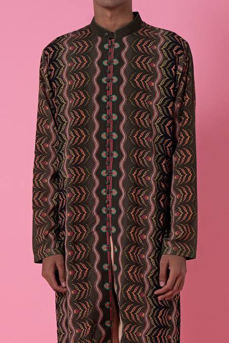 Siddhartha Bansal_Brown Cotton Dobby Stripe Printed Leaf Ombre Kurta Set  _Online_at_Aza_Fashions