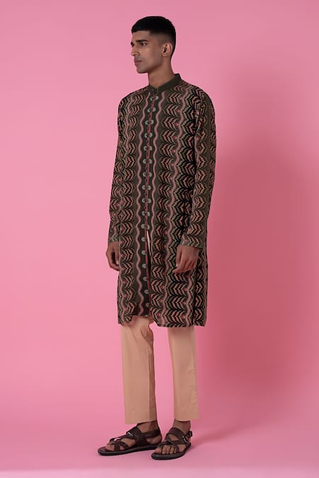 Buy_Siddhartha Bansal_Brown Cotton Dobby Stripe Printed Leaf Ombre Kurta Set  _Online_at_Aza_Fashions