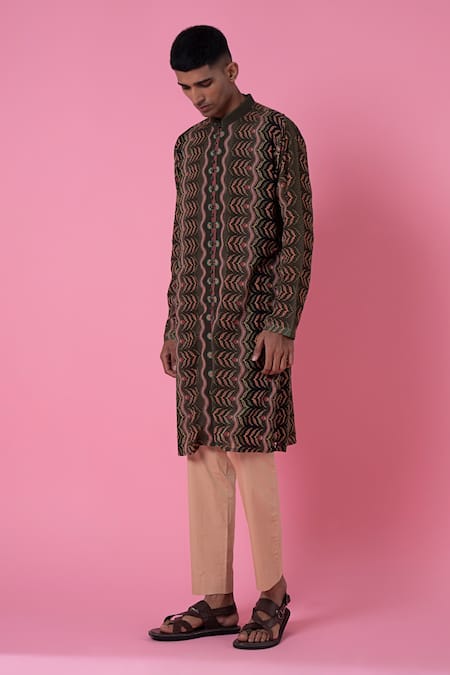 Shop_Siddhartha Bansal_Brown Cotton Dobby Stripe Printed Leaf Ombre Kurta Set  _Online_at_Aza_Fashions