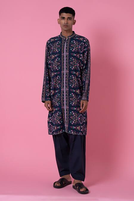 Siddhartha Bansal_Blue Cotton Dobby Stripe Printed Royal Chintz Kurta Set  _Online_at_Aza_Fashions