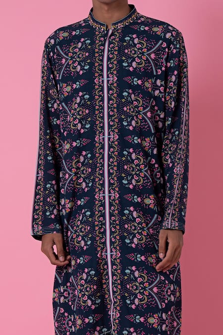 Buy_Siddhartha Bansal_Blue Cotton Dobby Stripe Printed Royal Chintz Kurta Set  _Online_at_Aza_Fashions