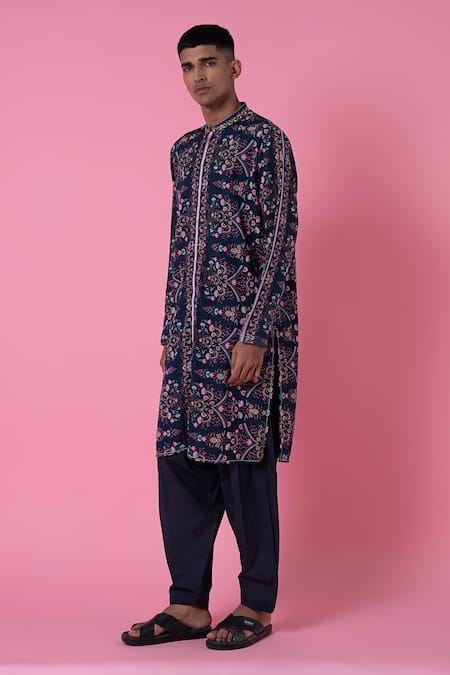Shop_Siddhartha Bansal_Blue Cotton Dobby Stripe Printed Royal Chintz Kurta Set  _Online_at_Aza_Fashions
