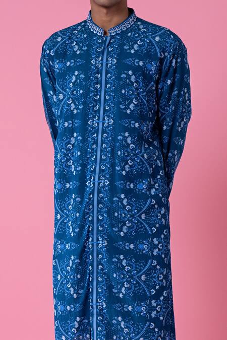 Siddhartha Bansal_Blue Cotton Dobby Stripe Printed Royal Chintz Mandarin Collar Kurta Set  _Online_at_Aza_Fashions