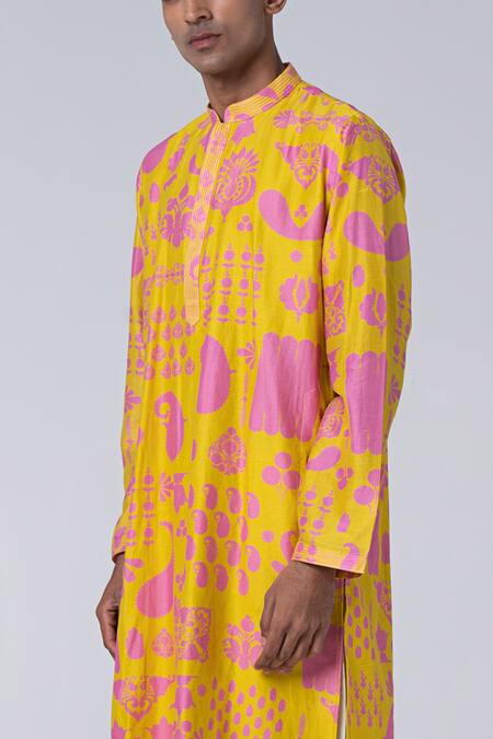 Buy_Siddhartha Bansal_Yellow Chanderi Printed Hamsa Signature Kurta Set _Online_at_Aza_Fashions