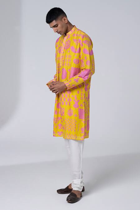 Shop_Siddhartha Bansal_Yellow Chanderi Printed Hamsa Signature Kurta Set _Online_at_Aza_Fashions