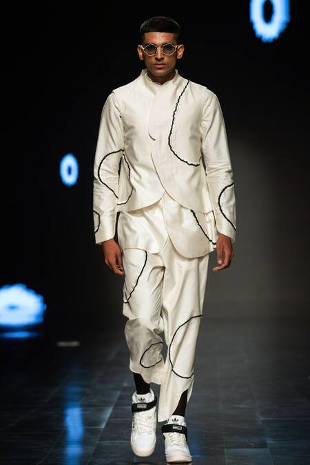 Antar Agni_Ivory Cotton, Silk Embroidery Big Moth Circles Trouser _at_Aza_Fashions