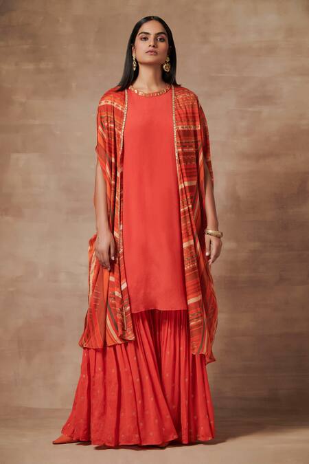 Saundh_Red Remmi Chiffon Printed Stripe Jacket Open Myoko And Sharara Set_Online_at_Aza_Fashions