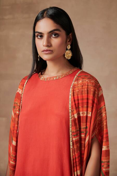 Buy_Saundh_Red Remmi Chiffon Printed Stripe Jacket Open Myoko And Sharara Set_Online_at_Aza_Fashions