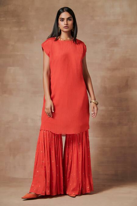 Saundh_Red Remmi Chiffon Printed Stripe Jacket Open Myoko And Sharara Set_at_Aza_Fashions