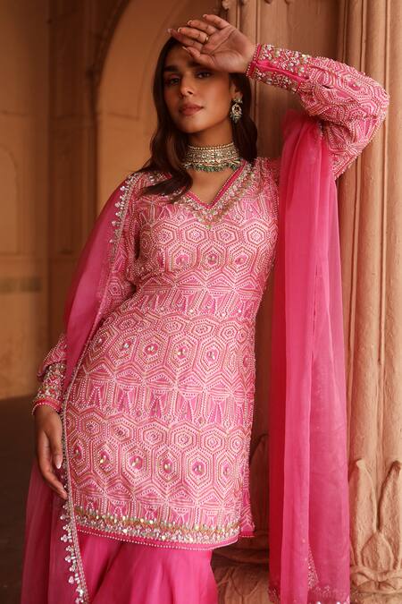 Dheeru Taneja Pink Chanderi, Crepe, Organza Beads, Myra Printed Short Kurta Sharara Set Online at Aza Fashions Dheeru Taneja_Pink Chanderi, Crepe, Organza Beads, Myra Printed Short Kurta Sharara Set _Online_at_Aza_Fashions