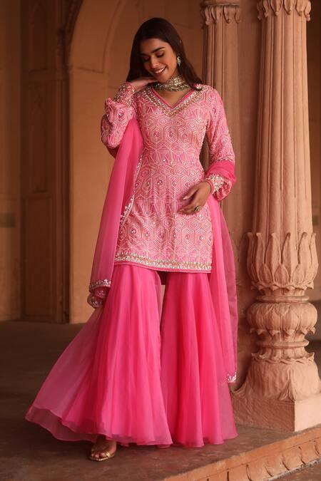 Buy Dheeru Taneja Pink Chanderi, Crepe, Organza Beads, Myra Printed Short Kurta Sharara Set Online at Aza Fashions Buy_Dheeru Taneja_Pink Chanderi, Crepe, Organza Beads, Myra Printed Short Kurta Sharara Set _Online_at_Aza_Fashions