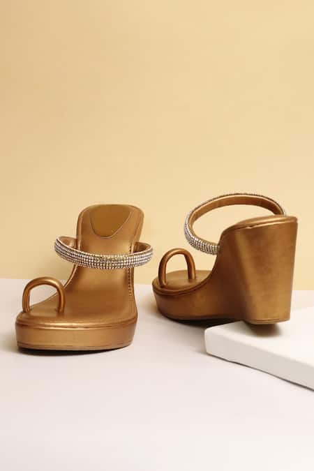 Myra_Gold Embellished Crystal Toe Ring Platform Wedges_Online_at_Aza_Fashions