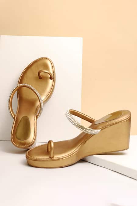 Buy_Myra_Gold Embellished Crystal Toe Ring Platform Wedges_Online_at_Aza_Fashions