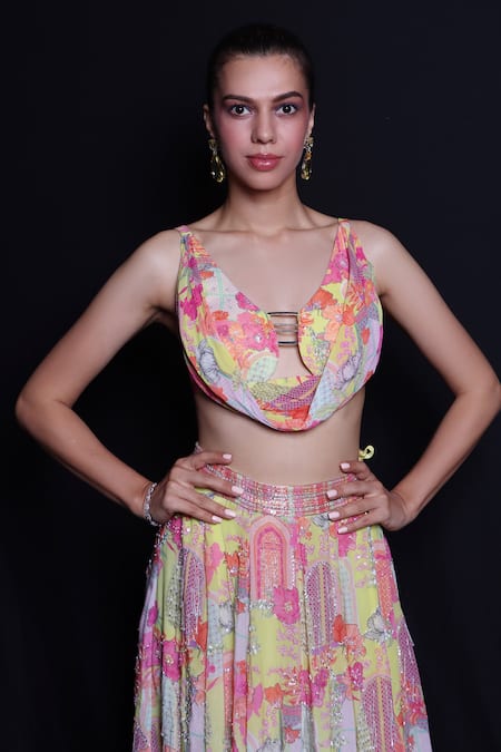 Krisha Sunny Ramani_Green Crepe Sequins, Embroidery Floral Print Cowl Draped Blouse With Slit Skirt _Online_at_Aza_Fashions