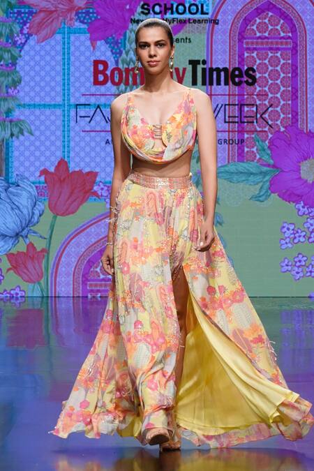 Shop_Krisha Sunny Ramani_Green Crepe Sequins, Embroidery Floral Print Cowl Draped Blouse With Slit Skirt _Online_at_Aza_Fashions