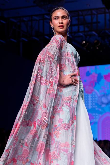 Krisha Sunny Ramani_Blue Crepe Sequins, Embroidery Botanic Print Cape Slit Dhoti Skirt Set _Online_at_Aza_Fashions