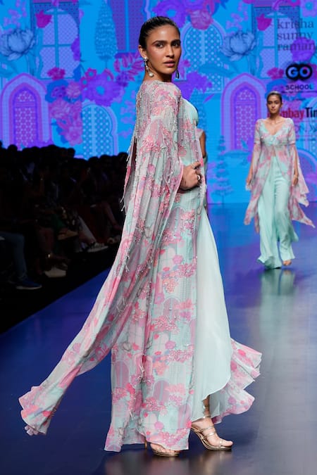 Shop_Krisha Sunny Ramani_Blue Crepe Sequins, Embroidery Botanic Print Cape Slit Dhoti Skirt Set _Online_at_Aza_Fashions