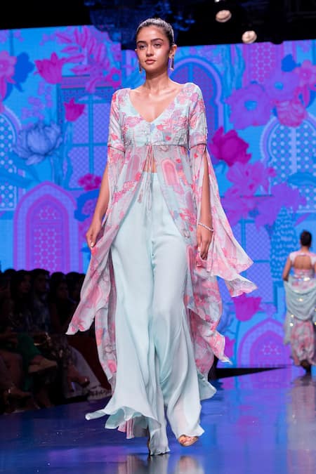 Buy_Krisha Sunny Ramani_Blue Georgette Tassels, Embroidery, Sequins Crystal Slit Tunic With Flared Pant _Online_at_Aza_Fashions