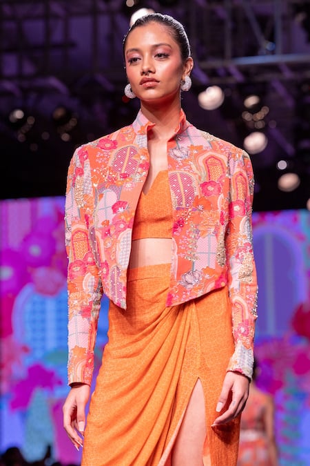 Krisha Sunny Ramani_Orange Crepe Sequins, Floral Crystal Embellished Jacket Dhoti Skirt Set _Online_at_Aza_Fashions