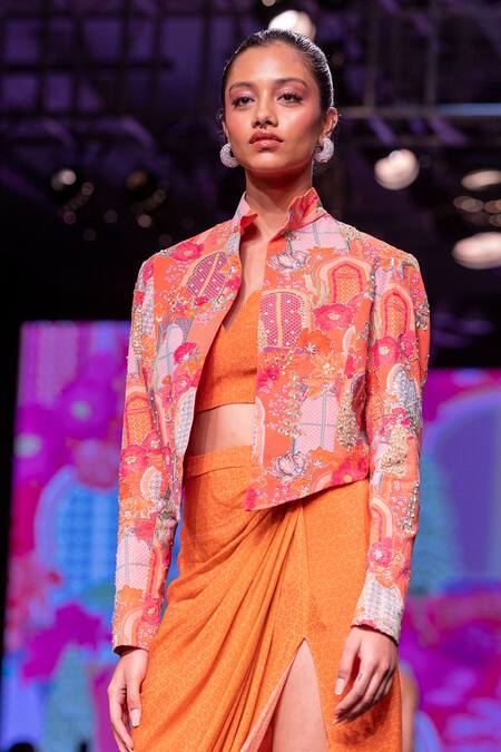 Buy_Krisha Sunny Ramani_Orange Crepe Sequins, Floral Crystal Embellished Jacket Dhoti Skirt Set _Online_at_Aza_Fashions