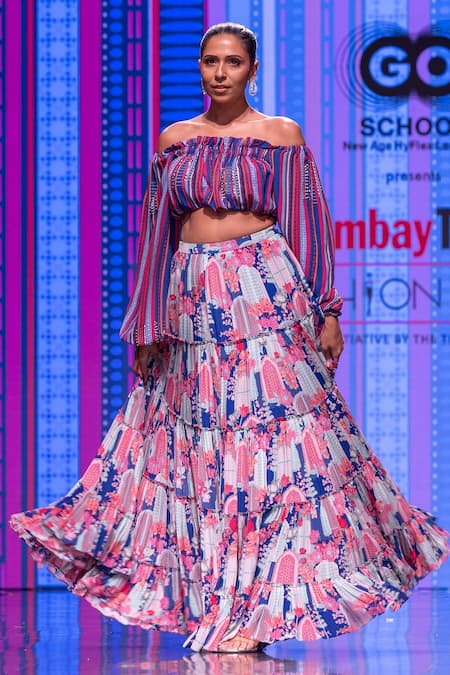 Krisha Sunny Ramani_Blue Georgette, Crepe Embroidery, Beads Off-shoulder Printed Blouse And Skirt Set _Online_at_Aza_Fashions