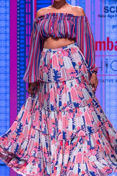 Shop_Krisha Sunny Ramani_Blue Georgette, Crepe Embroidery, Beads Off-shoulder Printed Blouse And Skirt Set _Online_at_Aza_Fashions