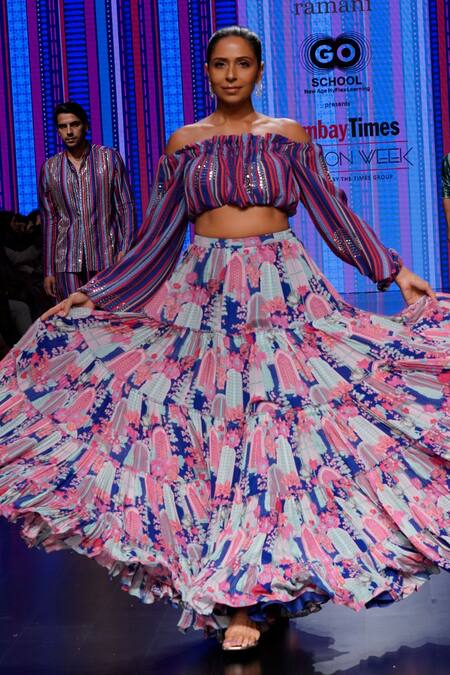 Buy_Krisha Sunny Ramani_Blue Georgette, Crepe Embroidery, Beads Off-shoulder Printed Blouse And Skirt Set _Online_at_Aza_Fashions