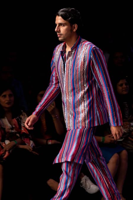 Krisha Sunny Ramani_Blue Silk Embroidery, Beads Striped Raw Bundi Kurta Set _Online_at_Aza_Fashions