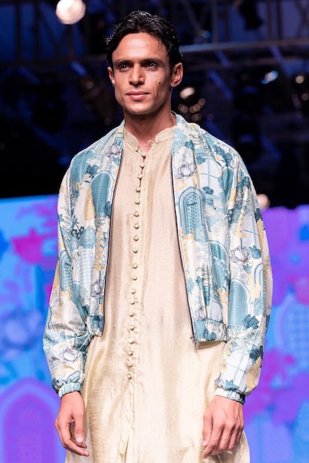 Krisha Sunny Ramani Green Silk Embroidery Printed Bomber Jacket With Kurta Set Online at Aza Fashions Krisha Sunny Ramani_Green Silk Embroidery Printed Bomber Jacket With Kurta Set _Online_at_Aza_Fashions