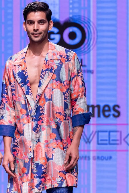 Krisha Sunny Ramani Blue Silk Embroidery Floral Print Kurta And Pant Set Online at Aza Fashions Krisha Sunny Ramani_Blue Silk Embroidery Floral Print Kurta And Pant Set _Online_at_Aza_Fashions