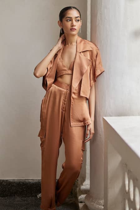 Betrue_Brown Modal, Silk V-neck, Collared Side Gathered Solid Jacket Pant Set _Online_at_Aza_Fashions