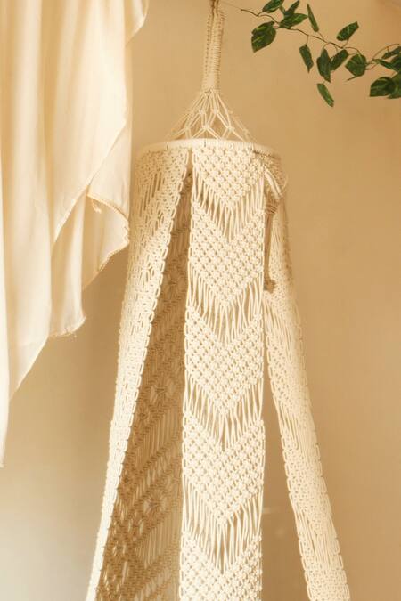 Buy_Karighar_Off White Metal Frame And Natural Cotton Cord Woven Boho Swing Chair With Cushions_Online_at_Aza_Fashions