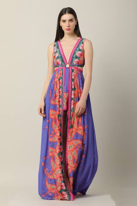 Buy Limerick By Abirr N' Nanki Multi Color Crepe V-neck Shaye Printed Playsuit Maxi Online at Aza Fashions Buy_Limerick By Abirr N' Nanki_Multi Color Crepe V-neck Shaye Printed Playsuit Maxi _Online_at_Aza_Fashions